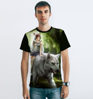 Мужская футболка Принцесса Мононоке на волке